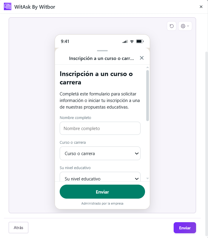 WitAsk form preview for course or degree enrollment