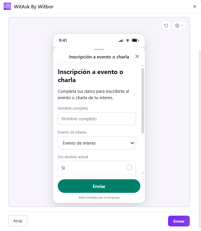 WitAsk form preview for event or talk registration