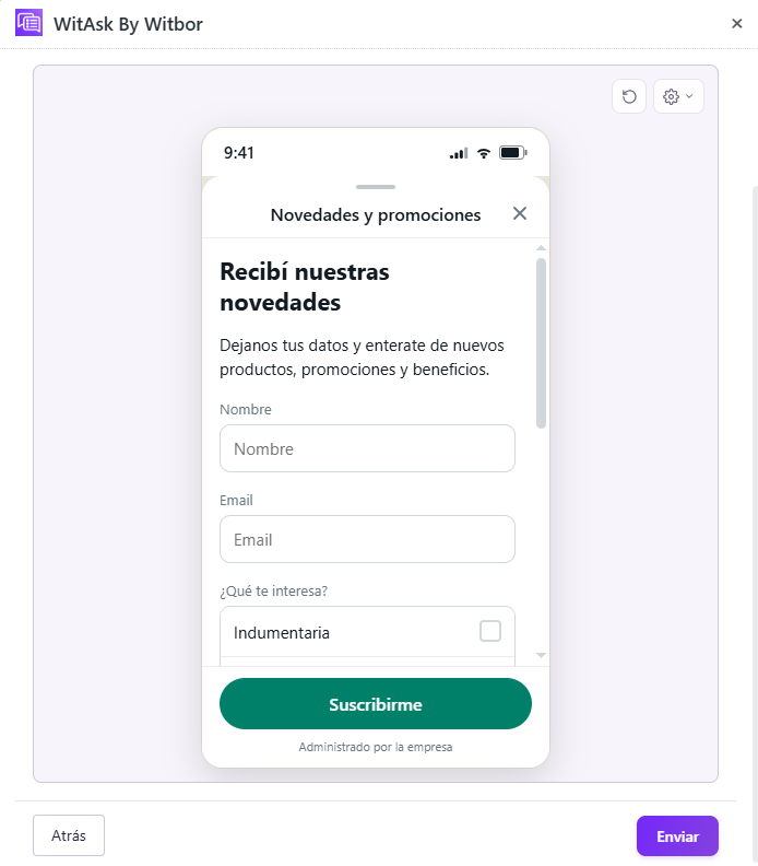 WitAsk form preview for news and updates subscription