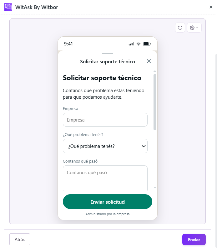 WitAsk form preview for technical support request